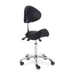 saddle stool with backrest has adjustable height and tilted backrest