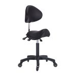 saddle stool with backrest has adjustable height and tilted backrest