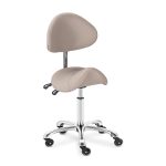 saddle stool with backrest has adjustable height and tilted backrest