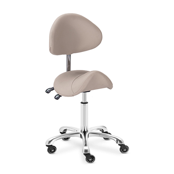 saddle stool with backrest has adjustable height and tilted backrest