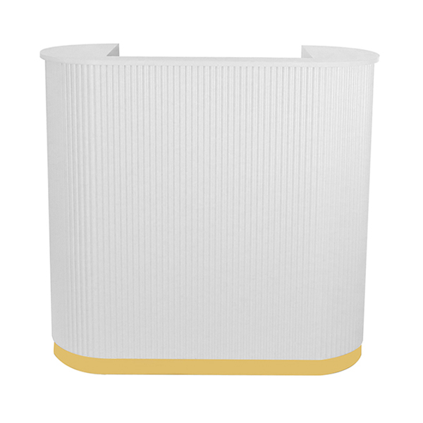 compact salon reception desk with gold trim is great for small spaces