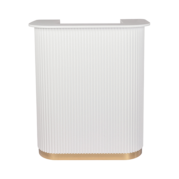 compact salon reception desk in white with gold trim perfect for small spaces