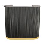 compact salon reception desk in black with gold trim is great for small spaces