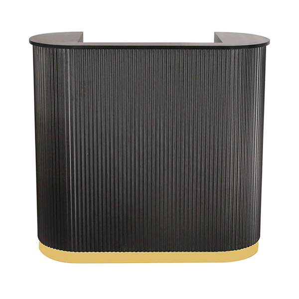 compact salon reception desk in black with gold trim is great for small spaces