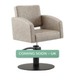 zahra salon chair taupe round satin black base front angle view