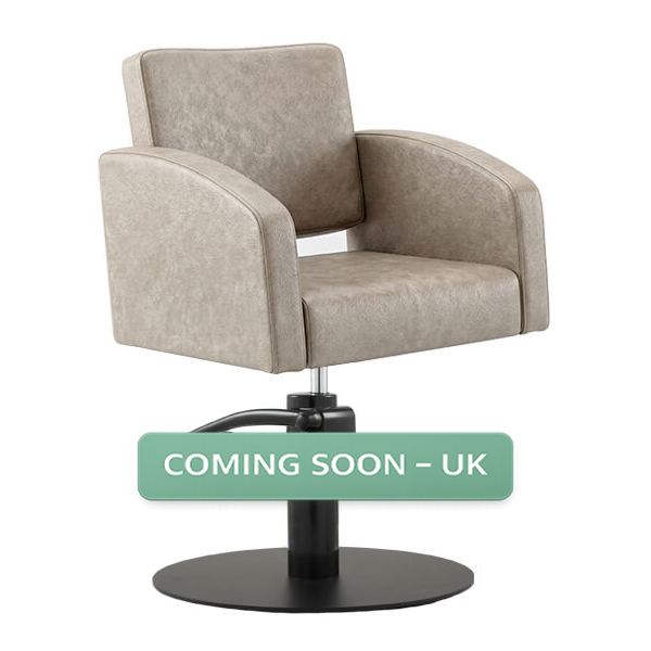 zahra salon chair taupe round satin black base front angle view