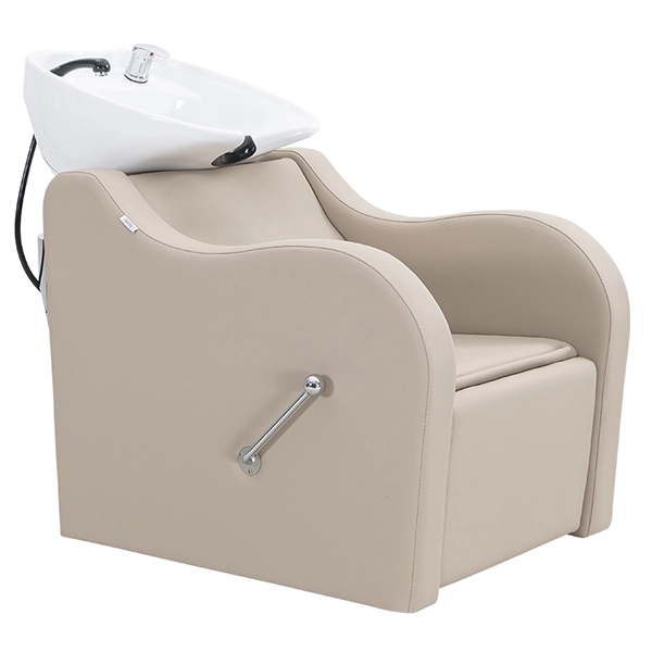 milos recliner shampoo unit latte front angle view closed recliner