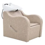 milos recliner shampoo unit taupe front angle view closed recliner