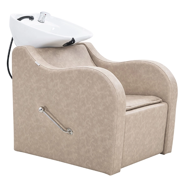 milos recliner shampoo unit taupe front angle view closed recliner